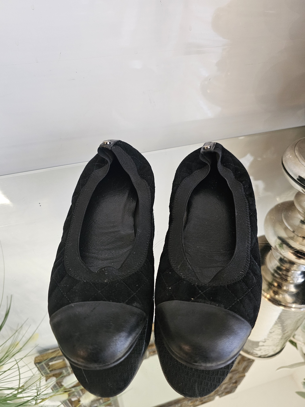 Stuart Weitzman Black Quilted Ballet Flats with Black Toe Cap